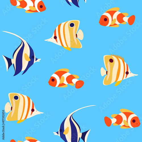 Simple trendy seamless pattern with coral fish - clown fish, butterfly fish and moorish idol fish. Flat illustration.