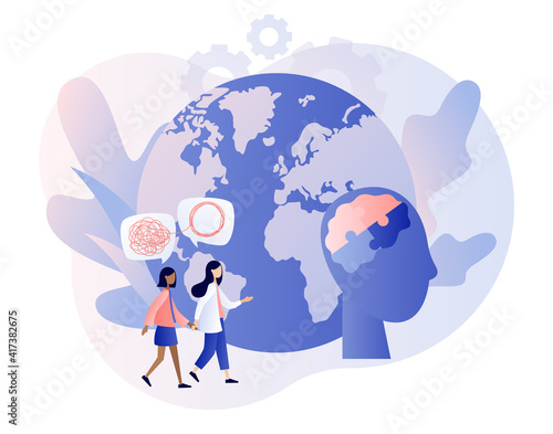 Psychology without borders. World mental health day. Psychotherapy practice, psychological help, psychologist service. Tiny psychologist and patient. Modern flat cartoon style. Vector illustration