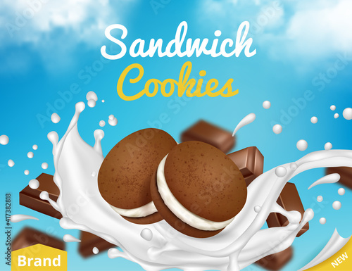Cookies with milk. Ads poster with sugar cookies flowing in milk splashes decent vector placard. Illustration cookie advertising milk, crunchy confectionery biscuit