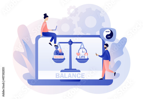 Work and life balance. Scales as symbol of life balance. Tiny people keep harmony choose between career and money versus love and time. Leisure or business.  Modern flat cartoon style. Vector