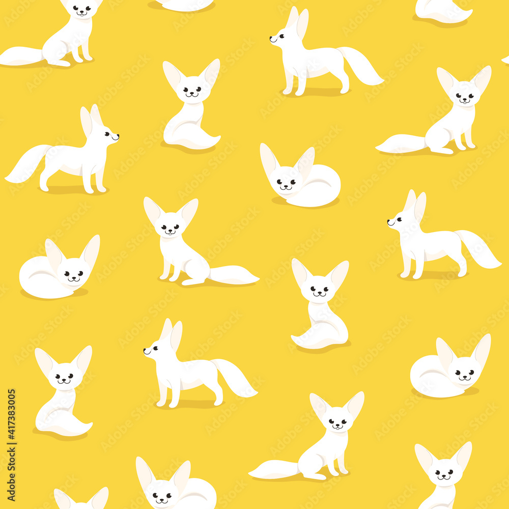 Seamless trendy animal pattern with fennec fox. Flat design print in cartoon style.