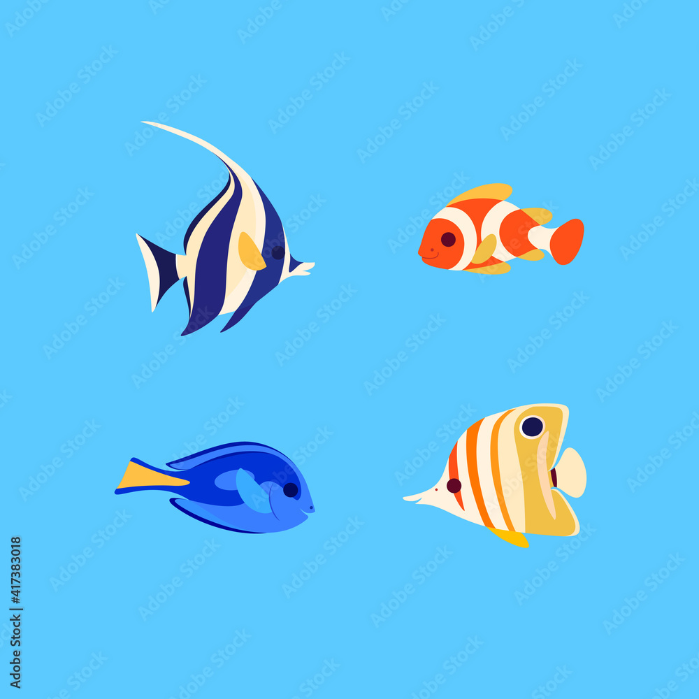 Naklejka premium Group of fishes - coral fishes isolated on blue background. Clown fish, butterfly fish, fish surgeon and moorish idol fish. Illustration in colorful style.
