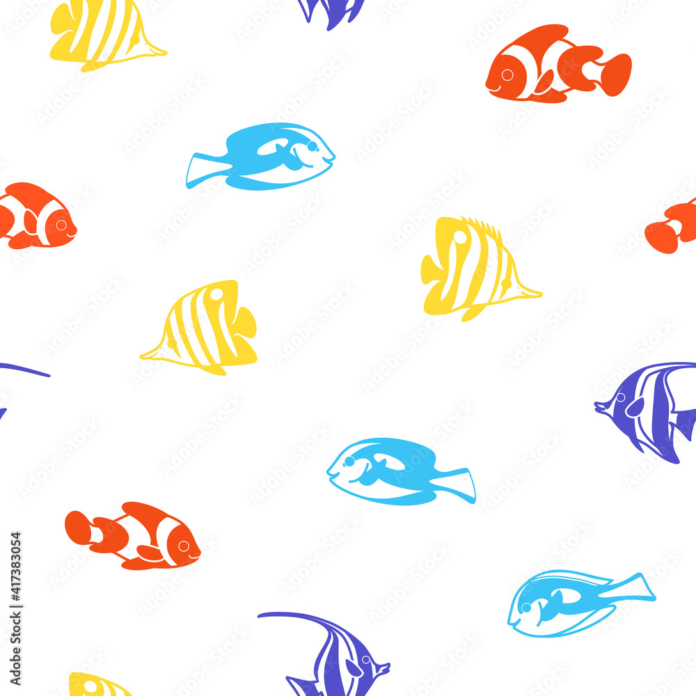 Simple trendy seamless pattern with coral fish - clown fish, butterfly fish, fish surgeon. Flat illustration.