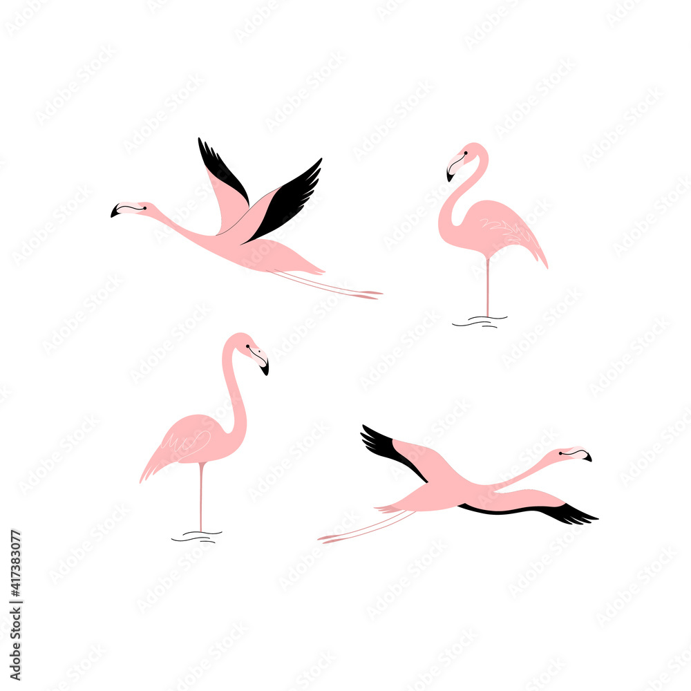 Obraz premium Cartoon flamingo icon set. Cute bird in different poses. Illustration for prints, clothing, packaging, stickers.