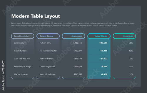 Modern business table layout template - dark version. Flat design, easy to use for your website or presentation.