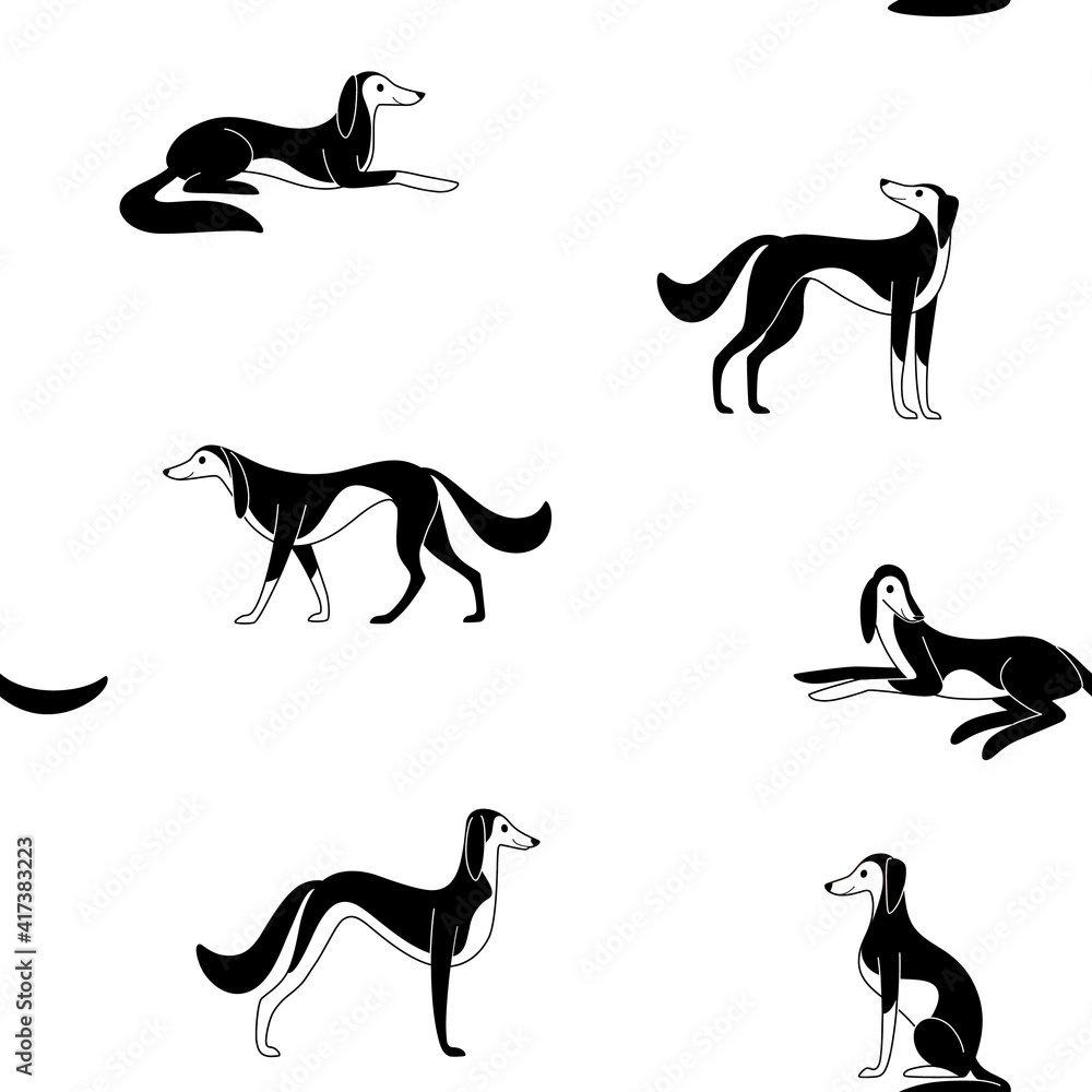 Cartoon happy greyhound - seamless trendy pattern with dogs in various poses. Flat illustration for prints, clothing, packaging and postcards.