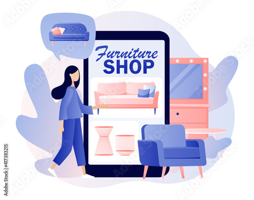 Furniture and home accessories store. Tiny woman shopping furniture and home decor online use smartphone. Sofa shop. Modern flat cartoon style. Vector illustration on white background