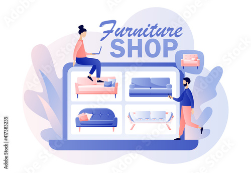 Furniture and home accessories store. Tiny people shopping furniture and home decor online use laptop. Sofa shop. Modern flat cartoon style. Vector illustration on white background