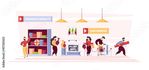 People in grocery. Product shelves and person buyers walking with basket organizing grocery sales garish vector background. Illustration supermarket department household with merchandise