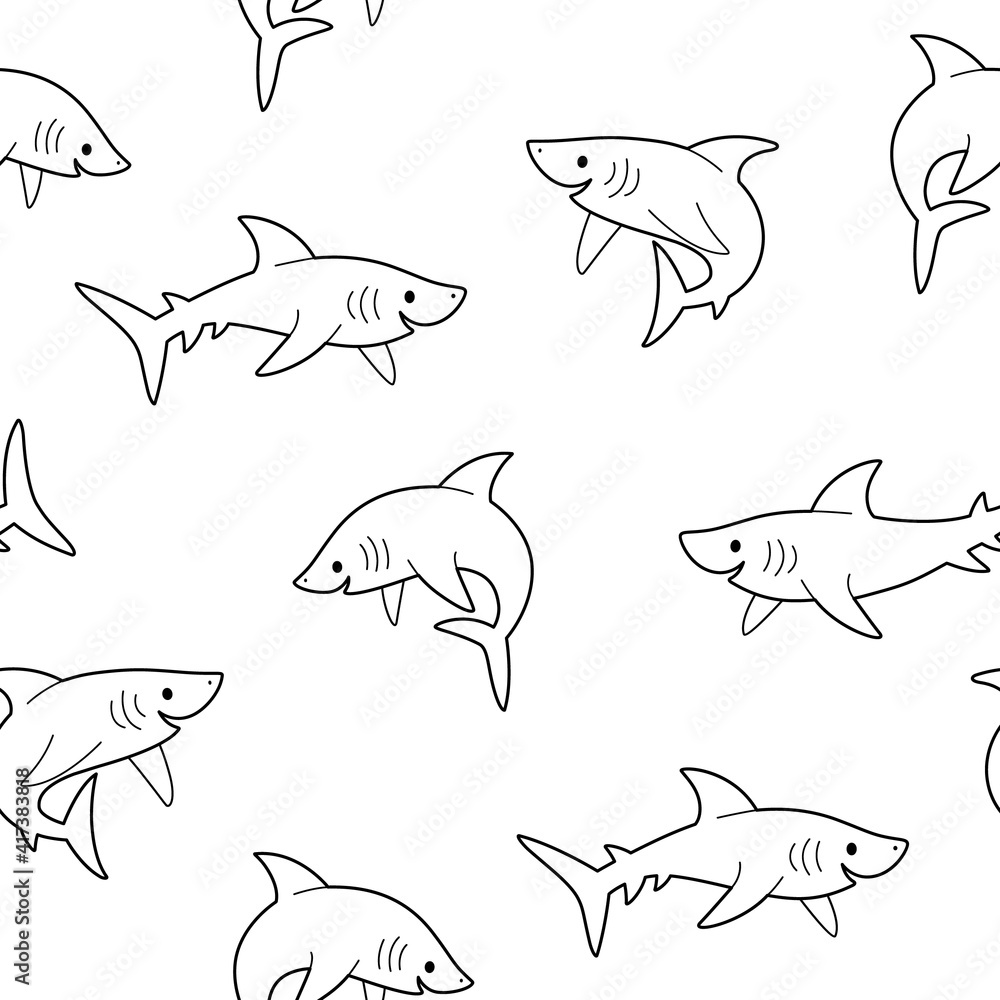 Simple seamless trendy pattern with shark. Flat design print on white background. Simple seamless trendy pattern with shark. Flat design print on white background.