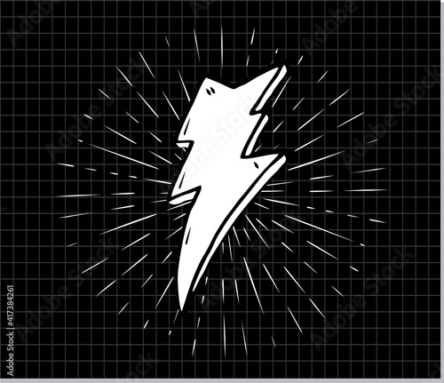 Lightning flat icons set.Vector retro set with lightning bolt signs with sunburst effect.Vintage thunder symbol with sunburst in black background
