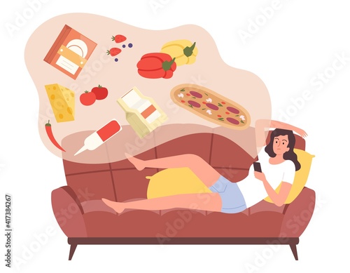 Online shopping. Woman on sofa use delivery or store app in smartphone. Modern market place vector concept. Woman on sofa online shopping, in smartphone illustration