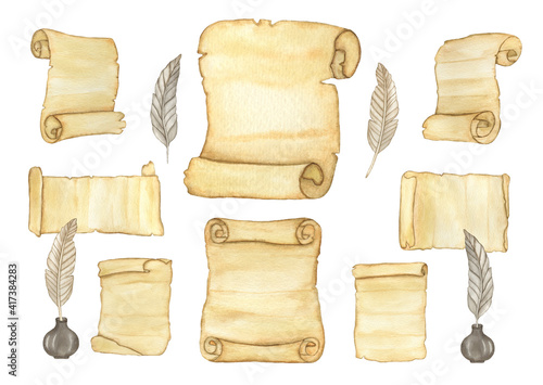 Watercolor Old paper scroll or parchment with pen and inkwell set.