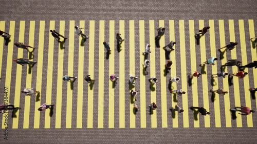 Pedestrian yellow zebra Crowd people city street day Busy crosswalk intersection 4k aerial