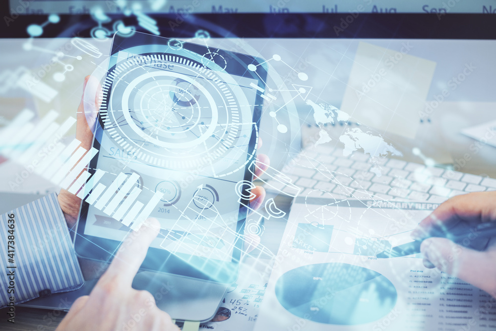 Double exposure of man's hands holding and using a phone and international business theme drawing. Double exposure of man's hands holding and using a phone and international business theme drawing.