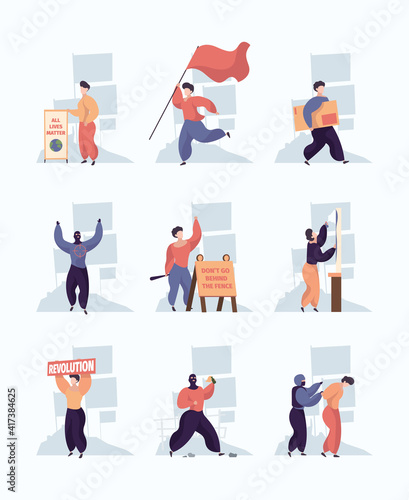 Vandalism characters. Aggressive crowd crushing and painting on walls diverse action in park harmful destructive persons garish vector pictures set. Illustration furious character aggressive and crazy