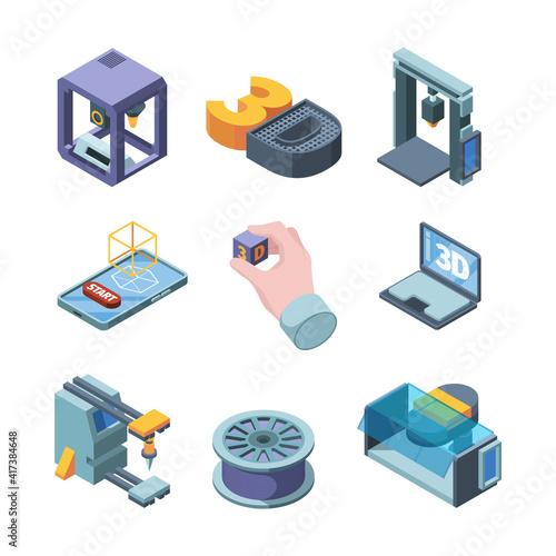 3d printing. Engineers planning buildings projects 3d modelling on smart printers garish vector isometric pictures set isolated. Illustration project model, print isometric equipment