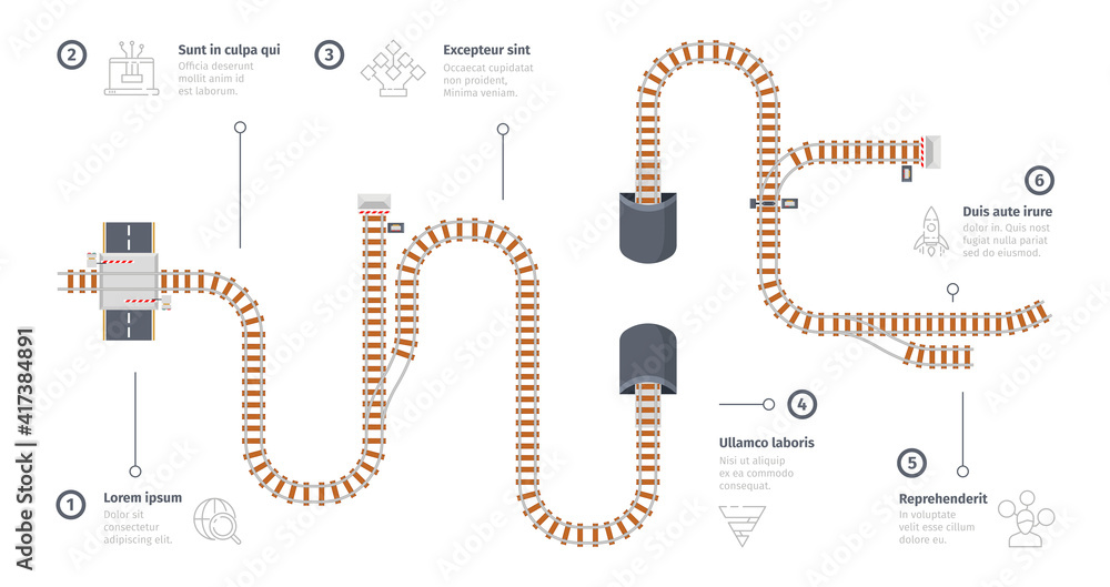 Railway road. Business infographic with railroad maps station points ...