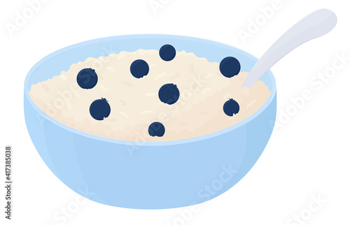 Oatmeal with blueberry vector illustration isolated on white background. Breakfast bowl, cup of oat grain porridge. Food icon. Cartoon muesli, flakes for healthy sweet nutrition.