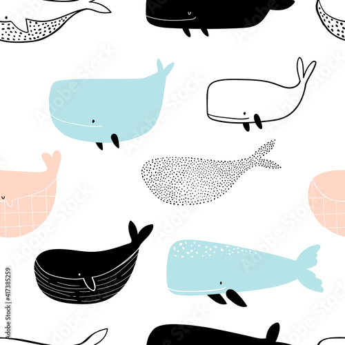 Vector hand-drawn colored childish seamless repeating simple doodle pattern with whales in scandinavian style on a white background. Cute baby animals. Pattern for kids with whales. Kids design.