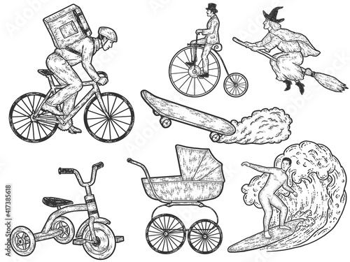 Ecological transport set. Sketch scratch board imitation. Black and white.