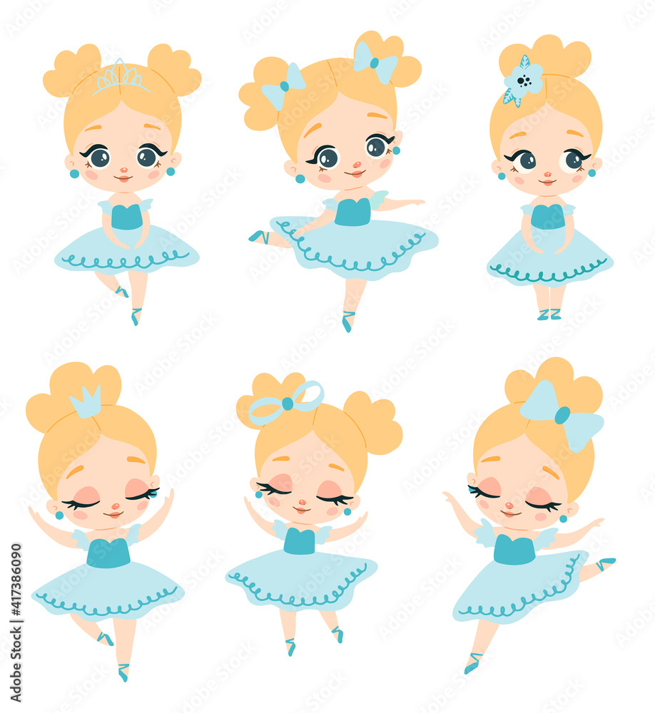 Doodle style flat vector blue dress ballerina with blonde hair set Doodle style flat vector blue dress ballerina with blonde hair set