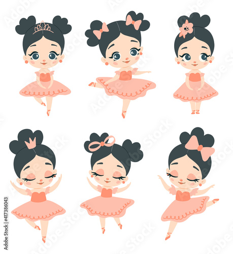 Doodle style flat vector pink ballerina with black hair set