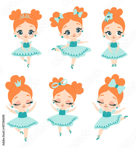 Doodle style flat vector ballerina with red hair set