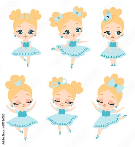 Doodle style flat vector blue dress ballerina with blonde hair set