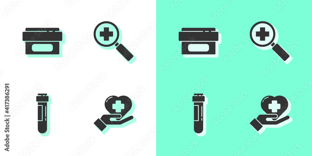 Fototapeta premium Set Heart with a cross, Ointment cream tube medicine, Test blood and Magnifying glass for search medical icon. Vector.
