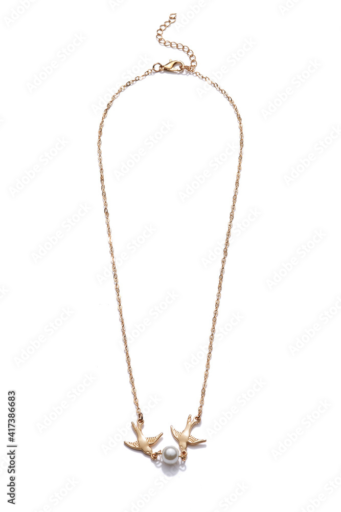 Subject shot of golden necklace with two golden swallows and pearl bead. The adjustable necklace with lobster clasp and extension chain is isolated on the white background. Subject shot of golden necklace with two golden swallows and pearl bead. The adjustable necklace with lobster clasp and extension chain is isolated on the white background.