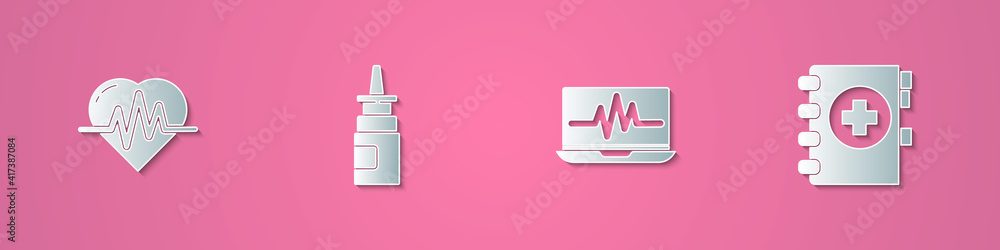 Fototapeta premium Set paper cut Heart rate, Bottle nasal spray, Laptop with cardiogram and Medical clipboard icon. Paper art style. Vector.