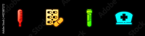 Set Medical thermometer, Pills in blister pack, Test tube with blood and Nurse hat cross icon. Vector.