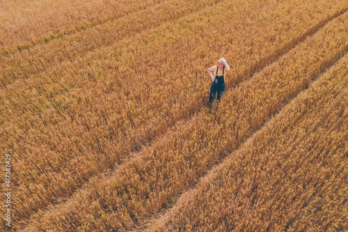 Wallpaper Mural Aerial view of female farmer working in ripe barley crop field Torontodigital.ca