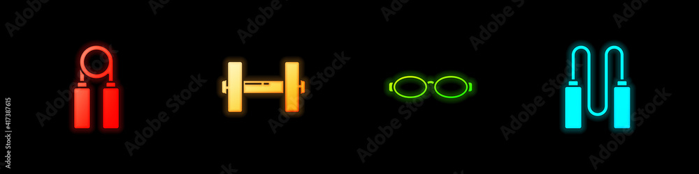Set Sport expander, Dumbbell, Glasses for swimming and Jump rope icon. Vector. Set Sport expander, Dumbbell, Glasses for swimming and Jump rope icon. Vector.