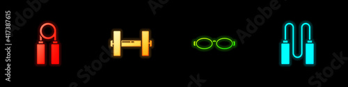 Set Sport expander, Dumbbell, Glasses for swimming and Jump rope icon. Vector.