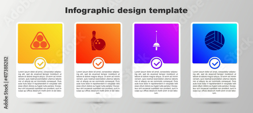 Set Billiard balls in a rack triangle, Bowling pin and, Fencing and Volleyball. Business infographic template. Vector.