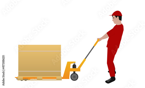 Man with hydraulic trolley jack move big box. Cargo delivery, shipping, transportation. Flat vector. Stock vector illustration on white isolated background.