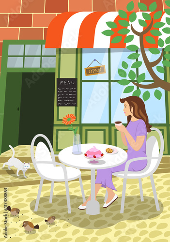 City street cafe summer scene. Girl sits at outdoors restaurant table terrace under tree holds cappuccino coffee cup and enjoys the moment. Cat on steps and birds peck seeds on road. Vector eps poster