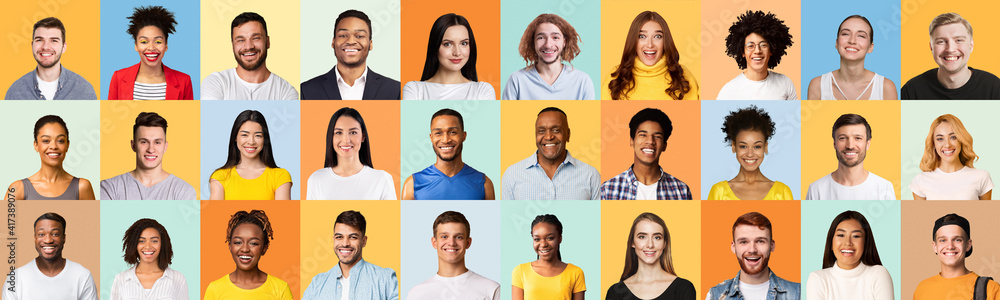 Collage Of People Portraits, Cheerful Millennials Posing Over Different Backgrounds Collage Of People Portraits, Cheerful Millennials Posing Over Different Backgrounds