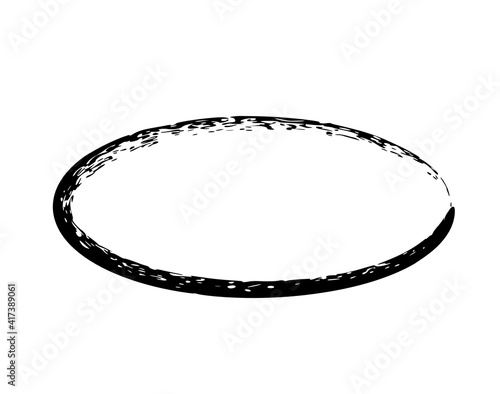 Oval grunge frame isolated on white background. Black ellipse ink border.