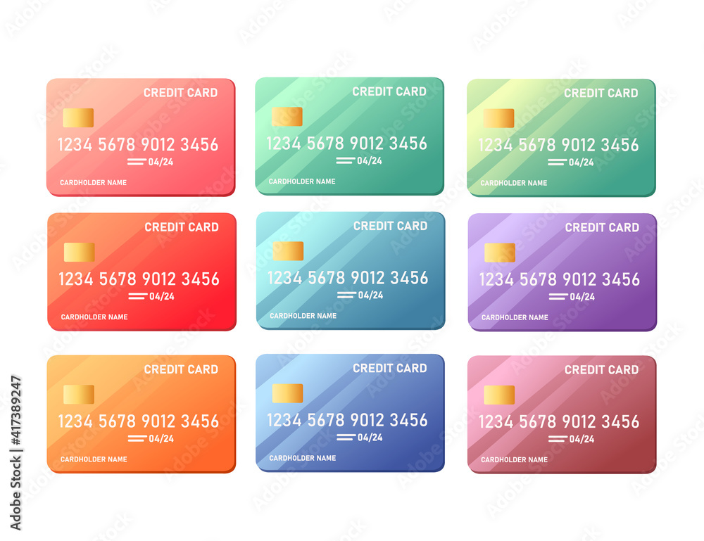 Collection of different color plastic cards with chips vector illustration on white background