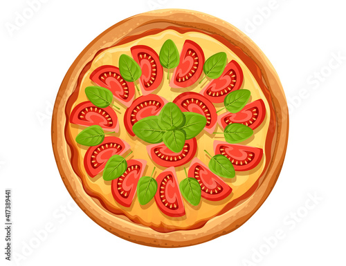 Tasty pizza with tomato herbs and cheese Italian fast food meal vector illustration isolated on white background