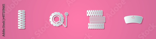 Set paper cut Car tire wheel, Tire pressure gauge, and Windshield icon. Paper art style. Vector.