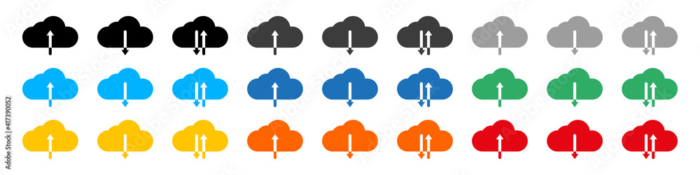 Obraz premium Set of download and upload icons. Colored clouds, loading. Cloud and arrow. Vector illustration.