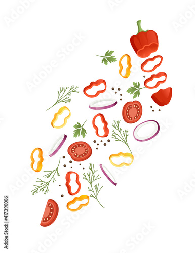 Sliced vegetables with pepper tomato and herbs colored food icons for cooking vector illustration isolated on white background