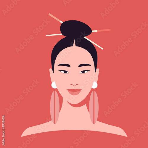 Portrait of a young asian woman. Fashion and beauty. Bright vector illustration in flat style.