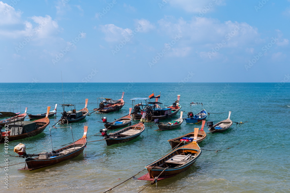Many of Long tail boat  in the sea at Lanta island, Krabi, Thailand