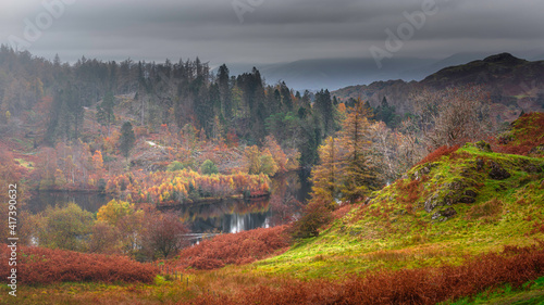 Tarn Hows in autumn.Painterly landscape scenery in Lake District, Cumbria, UK.Cloudy sky above mountain lake surrounded by hills with colourful trees and foliage. photo