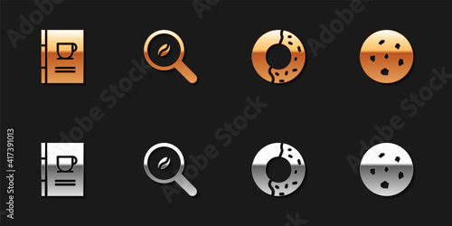Set Coffee book, Selection coffee beans, Donut with sweet glaze and Cookie or biscuit icon. Vector.